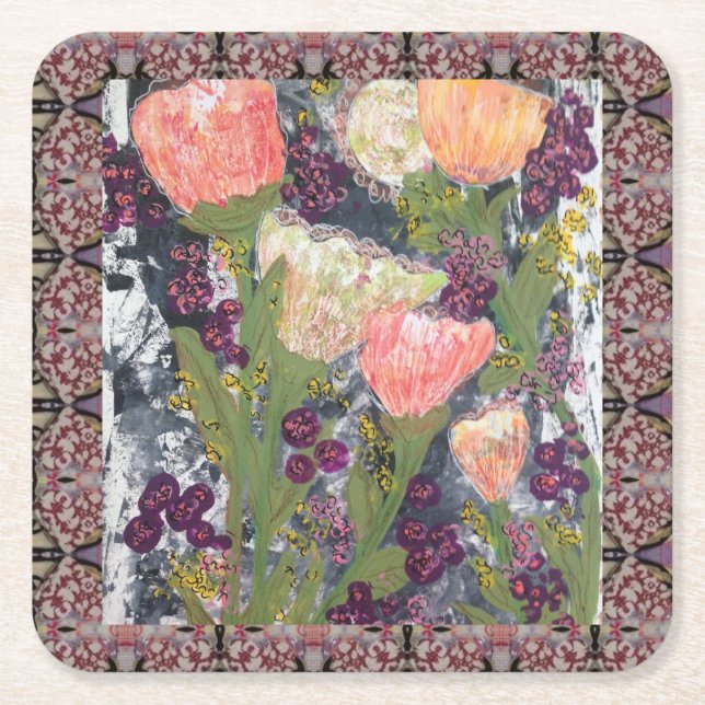 Flowers and Berries Square Paper Coaster (Front)