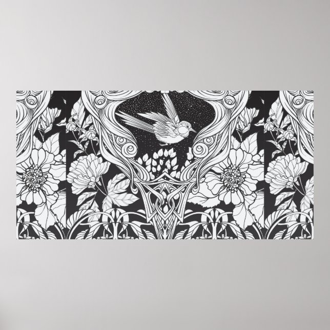 Flowers and bird in art nouveau style seamless pat poster (Front)