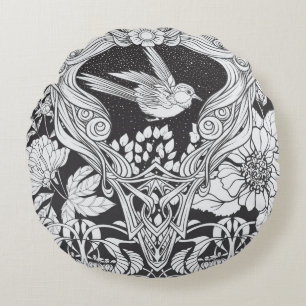 Flowers and bird in art nouveau style seamless pat round cushion