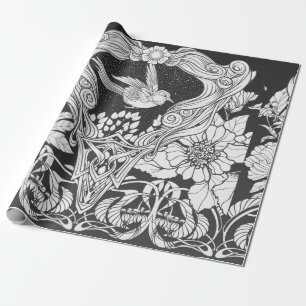 Flowers and bird in art nouveau style seamless pat wrapping paper
