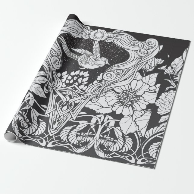 Flowers and bird in art nouveau style seamless pat wrapping paper (Unrolled)