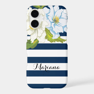 Flowers and blue, white stripes modern floral