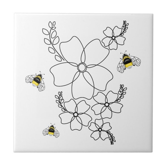 Flowers and bumblebee in a minimalist style ceramic tile (Front)