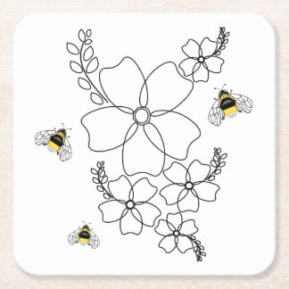 Flowers and bumblebee in a minimalist style square paper coaster