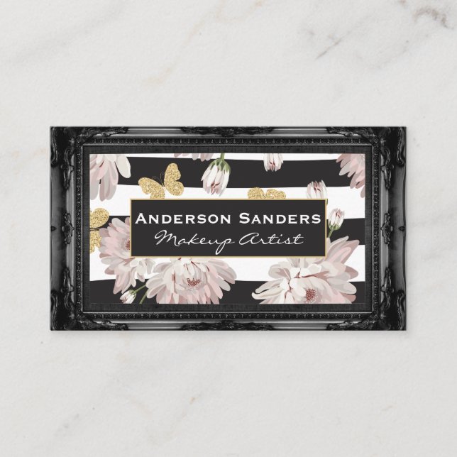 Flowers and Butterflies | Antique Black Border Business Card (Front)