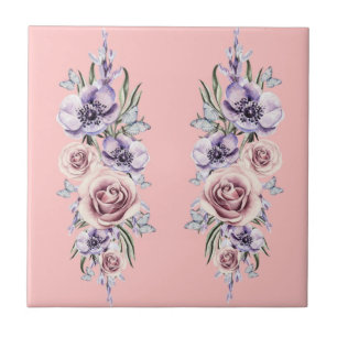 Flowers and Butterflies - Drawing Art - Pink Ceramic Tile