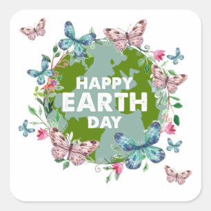 FLOWERS AND BUTTERFLIES HAPPY EARTH DAY 2024  SQUARE STICKER
