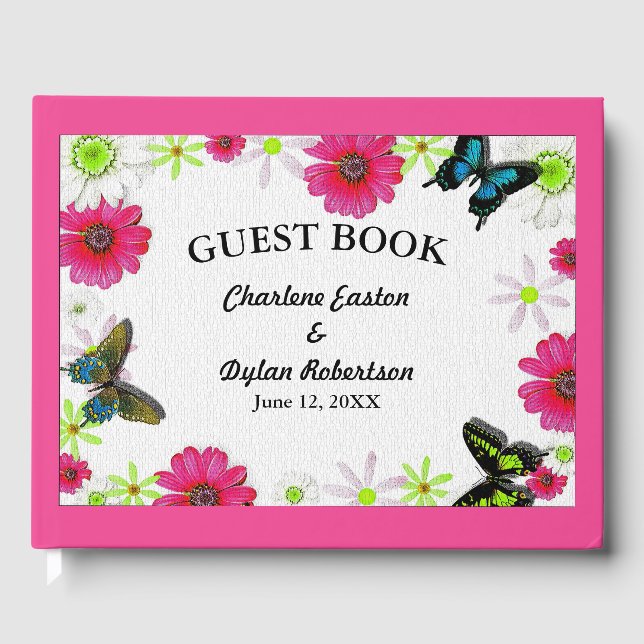 Flowers and Butterflies in Mosaic Wedding Guest Book (Front)