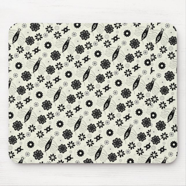 Flowers and butterflies pattern black and white mouse pad (Front)