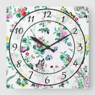 Flowers and Butterflies Square Wall Clock