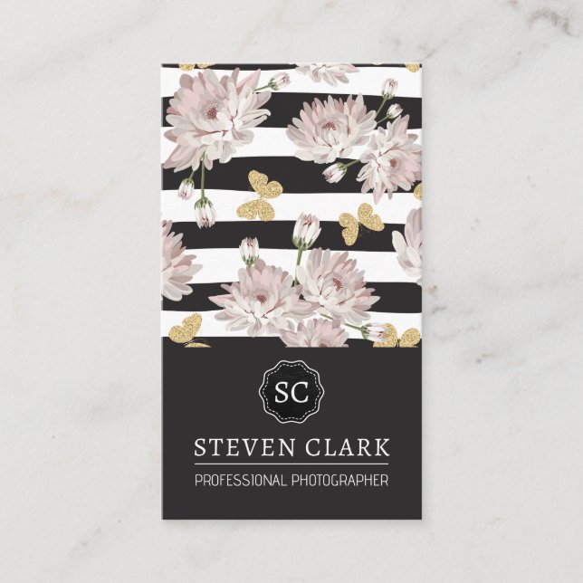 Flowers and Butterflies | Striped Business Card (Front)