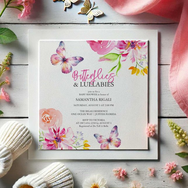 Flowers and Butterfly Baby Shower Invitations (Butterfly baby shower invitations watercolor art by Victoria Grigaliunas Do Tell A Belle)
