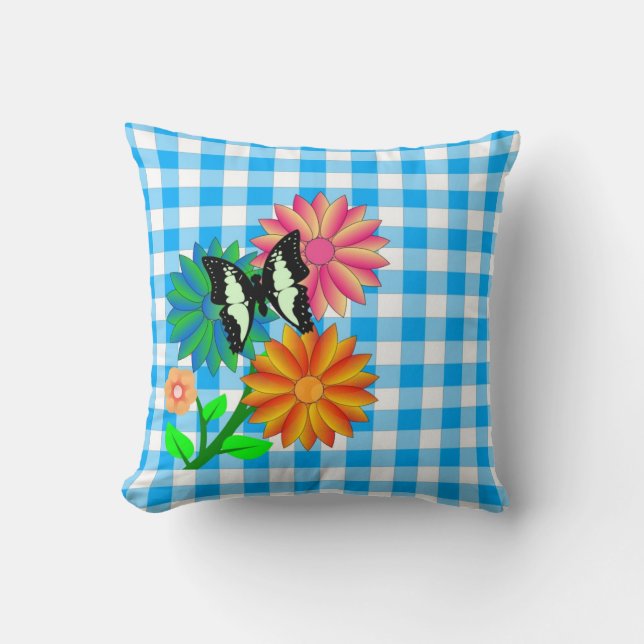 Flowers and Butterfly Blue Vichy Pillow (Front)