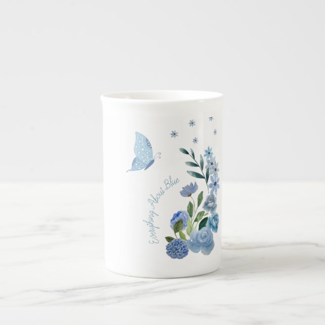 Flowers and Butterfly, Everything About Blue  Bone China Mug (Front)