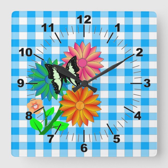 Flowers and Butterfly in Blue Vicky Square Wall Clock (Front)