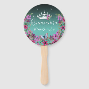 Flowers and Butterfly Quinceanera Blue Hand Fan