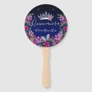 Flowers and Butterfly Quinceanera Blue Hand Fan