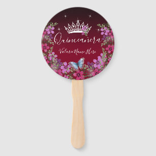 Flowers and Butterfly Quinceanera Burgundy Hand Fan