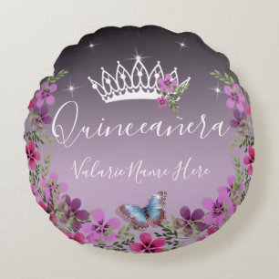 Flowers and Butterfly Quinceanera Purple Round Cushion