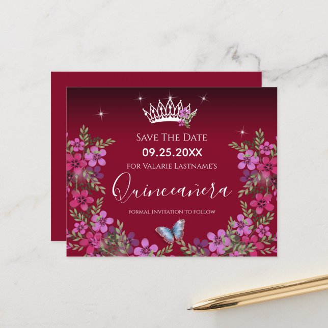 Flowers and Butterfly Quinceanera Save the Date (Front/Back In Situ)