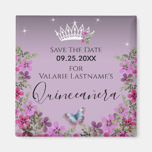 Flowers and Butterfly Quinceanera Save the Date Ma Magnet