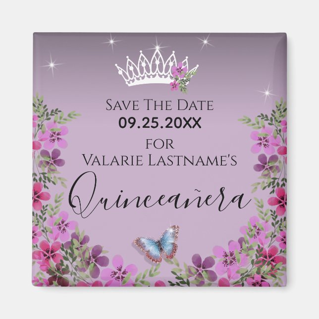 Flowers and Butterfly Quinceanera Save the Date Ma Magnet (Front)
