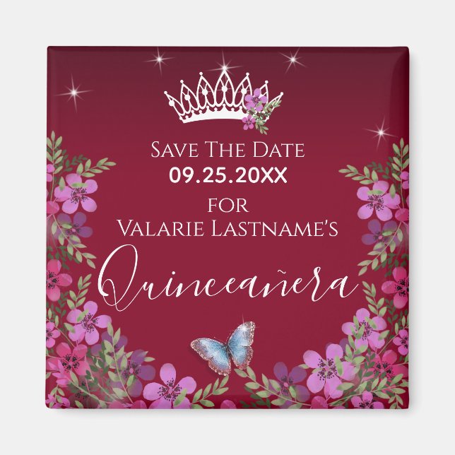 Flowers and Butterfly Quinceanera Save the Date Ma Magnet (Front)