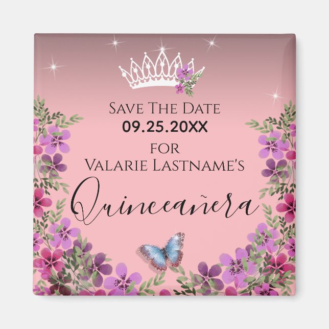 Flowers and Butterfly Quinceanera Save the Date Magnet (Front)