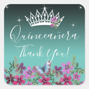 Flowers and Butterfly Thank You Quinceanera Blue Square Sticker