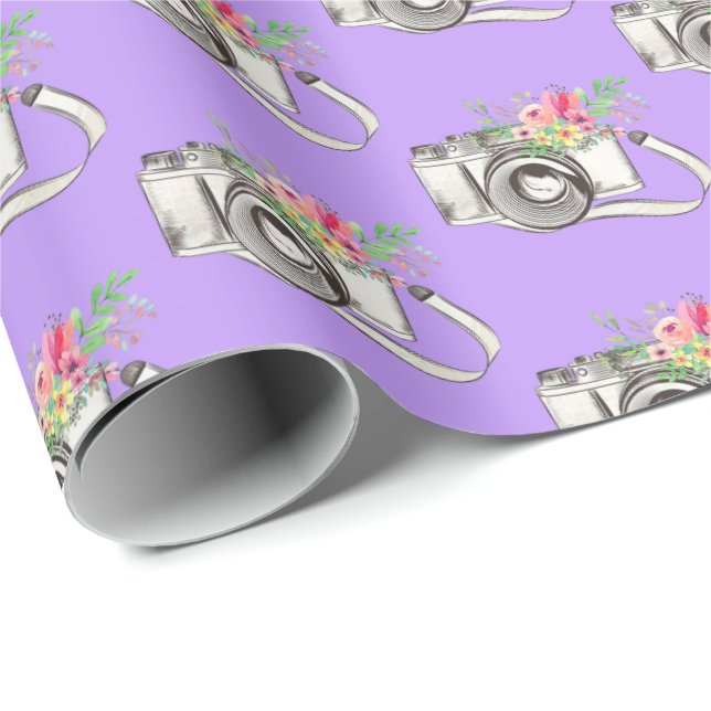 Flowers and Camera on Purple Wrapping Paper (Roll Corner)