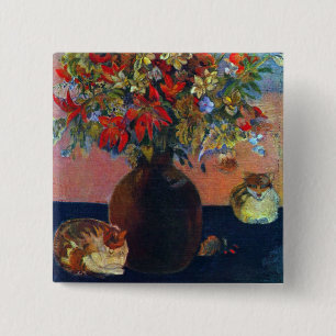 Flowers and Cats by Paul Gauguin, Vintage Fine Art 15 Cm Square Badge