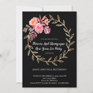 Flowers And Champagne New Years Eve Party Invitation