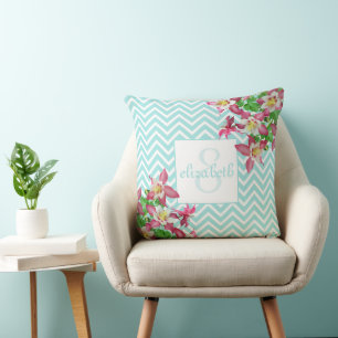 Flowers and Chevron Monogrammed Cushion