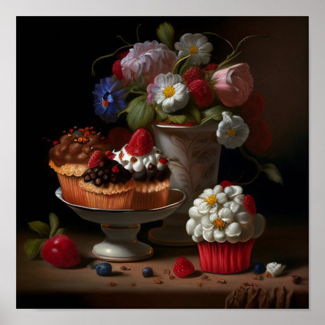 Flowers and Cupcakes Still Life Art Poster (Front)