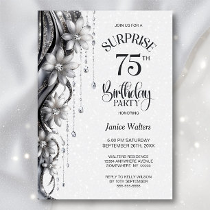 Flowers and Diamonds Surprise 75th Birthday Party Invitation