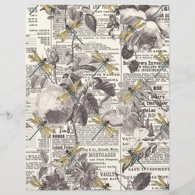 Flowers and dragonflies on newsprint (Front)