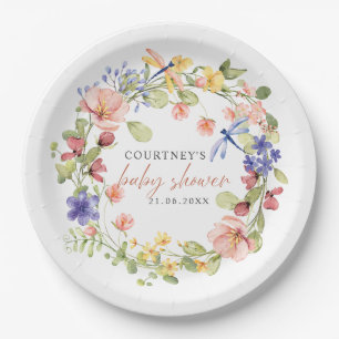 Flowers and Dragonflies Romantic Boho Baby Shower Paper Plate