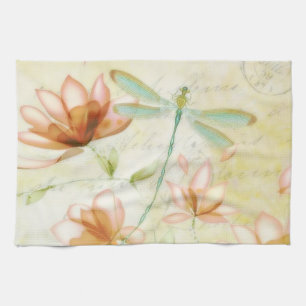 Flowers and dragonfly tea towel