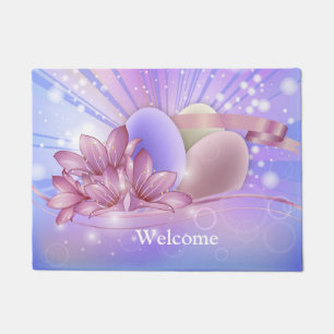 Flowers and eggs on a colourful pastel background  doormat