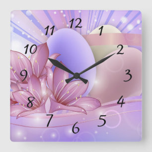 Flowers and eggs on a colourful pastel background square wall clock