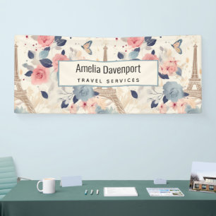 Flowers and Eiffel Tower Paris Pattern Business Banner