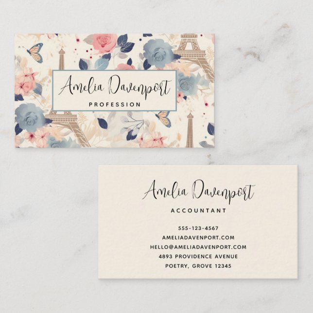 Flowers and Eiffel Tower Paris Pattern Business Card (Front/Back)