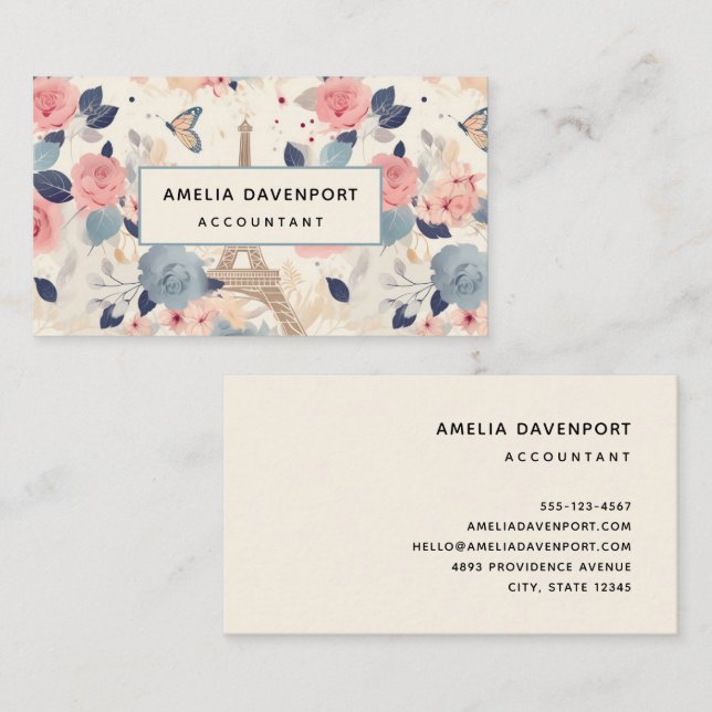 Flowers and Eiffel Tower Paris Pattern Business Card (Front/Back)