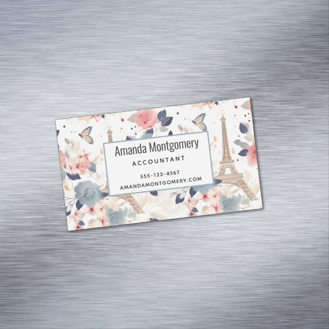 Flowers and Eiffel Tower Paris Pattern Magnetic Business Card (In Situ)