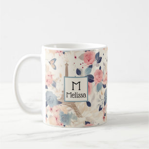 Flowers and Eiffel Tower Paris Pattern Monogram Coffee Mug