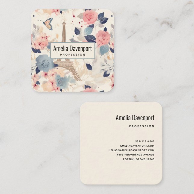 Flowers and Eiffel Tower Paris Pattern Square Business Card (Front/Back)