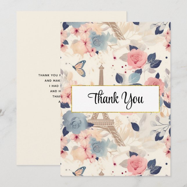 Flowers and Eiffel Tower Paris Pattern Thank You Card (Front/Back)