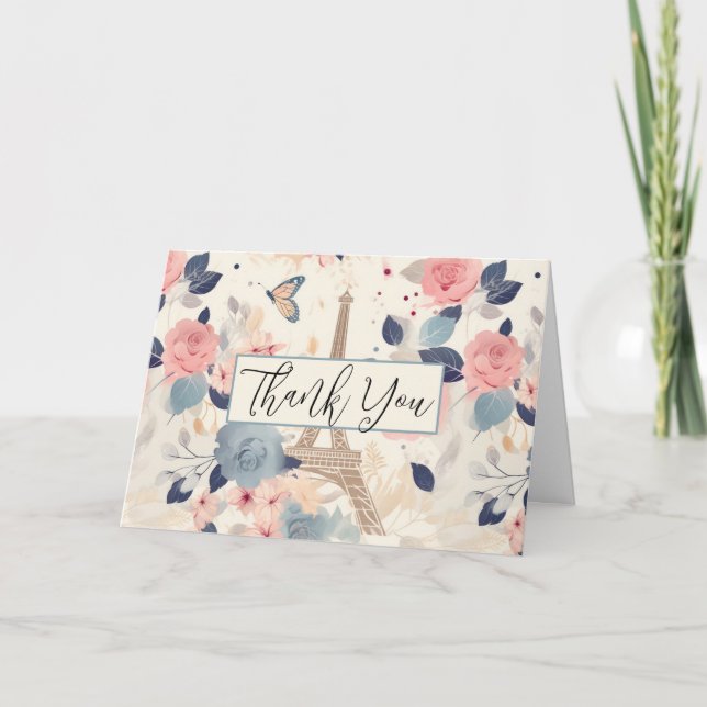 Flowers and Eiffel Tower Paris Pattern Thank You Card (Front)