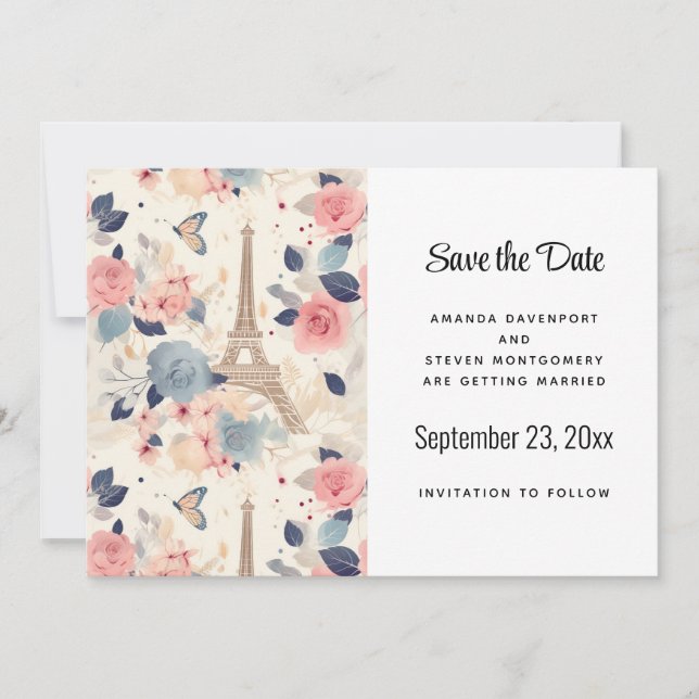 Flowers and Eiffel Tower Paris Pattern Wedding Save The Date (Front)