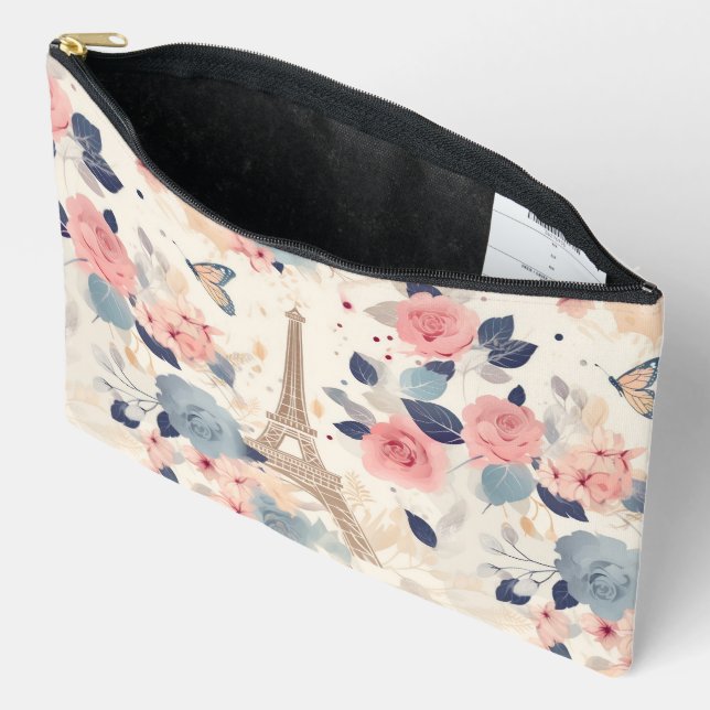 Flowers and Eiffel Tower Paris Travel Pattern Accessory Pouch (Open)